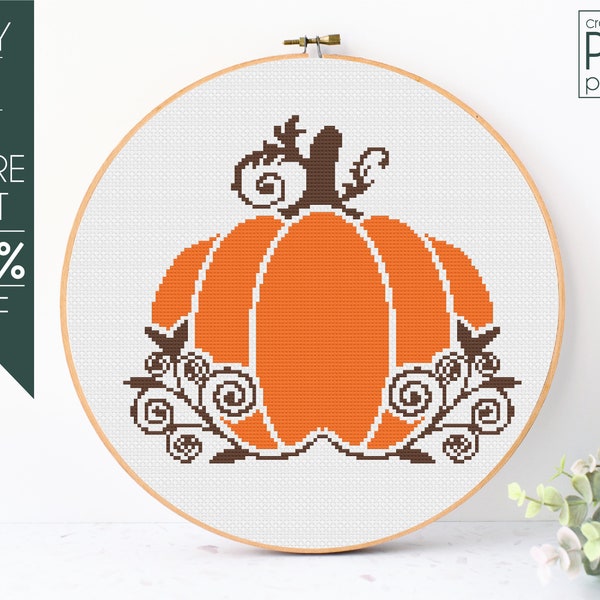 Floral Pumpkin Cross Stitch Pattern PDF, Fall Cross Stitch, Pumpkin, Flower, Thanksgiving, Halloween, Swirly,Embroidery Pattern, Beginner