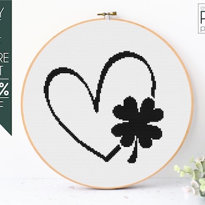 Heart Shamrock Cross Stitch Pattern PDF, St Patricks Day Embroidery Pattern, Shamrock Embroidery Pattern, Lucky, Heart Pattern
