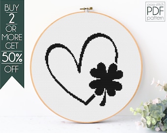 Patrón de punto de cruz de trébol de corazón PDF, patrón de bordado del día de San Patricio, patrón de bordado de trébol, suerte, patrón de corazón