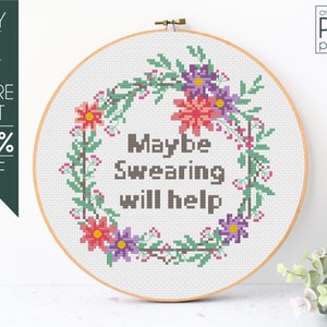 Sarcastic Cross Stitch Pattern PDF, Floral Wreath Embroidery Pattern, Modern Cross Stitch, Swear Cross Stitch PDF,Funny Cross Stitch,Flowers