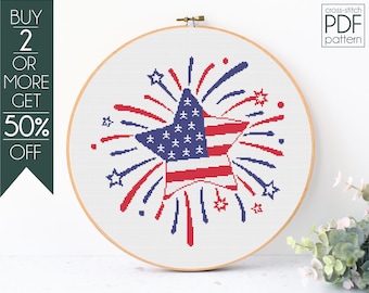 Firework Cross Stitch Pattern PDF, 4th of July Embroidery Pattern, Patriotic, Independence Day, American Flag, Star, USA