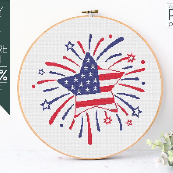 Firework Cross Stitch Pattern PDF, 4th of July Embroidery Pattern, Patriotic, Independence Day, American Flag, Star, USA