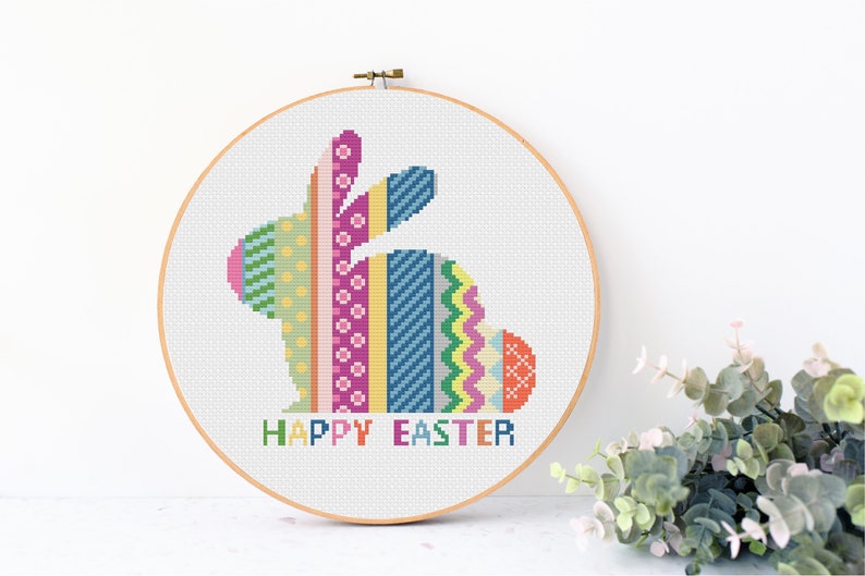 Easter Bunny Cross Stitch Pattern PDF, Spring Embroidery Pattern, Happy ...