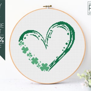St Patricks Day Cross Stitch Pattern PDF, Shamrock Embroidery Pattern, Lucky, Shamrock Heart, Clover Heart, Flower Embroidery