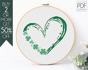 St Patricks Day Cross Stitch Pattern PDF, Shamrock Embroidery Pattern, Lucky, Shamrock Heart, Clover Heart, Flower Embroidery