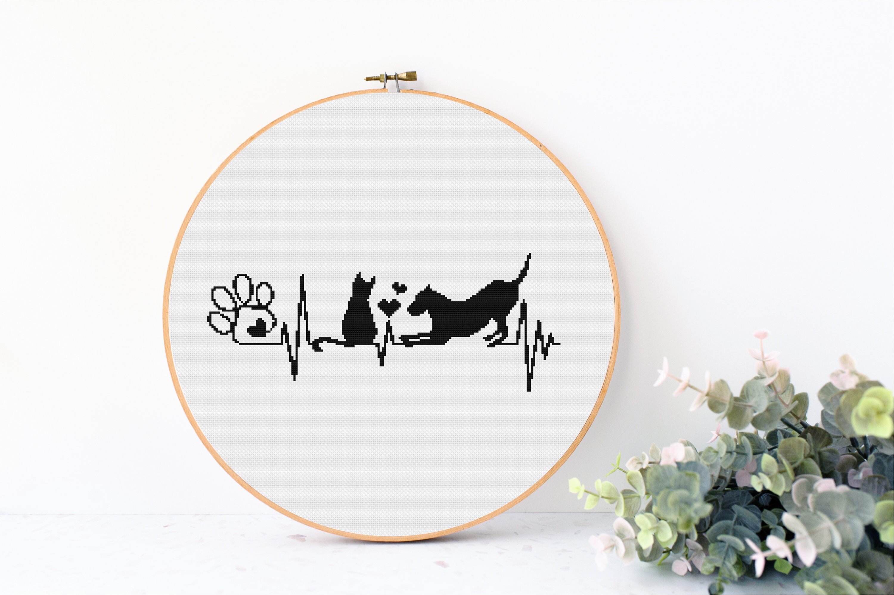 Dog and Cat Heartbeat Cross Stitch Pattern PDF, Paw