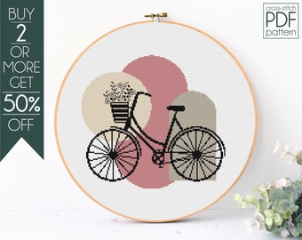 Patrón de punto de cruz de flores de primavera PDF, patrón de bordado de bicicletas, patrón de punto de cruz de primavera, hola primavera, primavera boho, Pascua