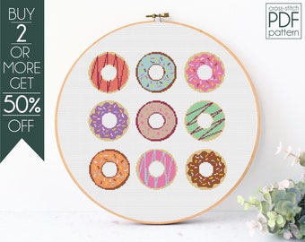 Donuts Cross Stitch Pattern PDF, Food Embroidery Pattern, Doughnut Cross Stitch, Baking, Cake, Kitchen Wall Decor