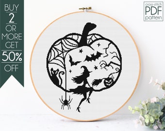 Halloween Cross Stitch Pattern PDF, Pumpkin Embroidery Pattern, Witchy, Black Cat, Bat, Spider, Spooky, Flying Witch, Scary, Fall