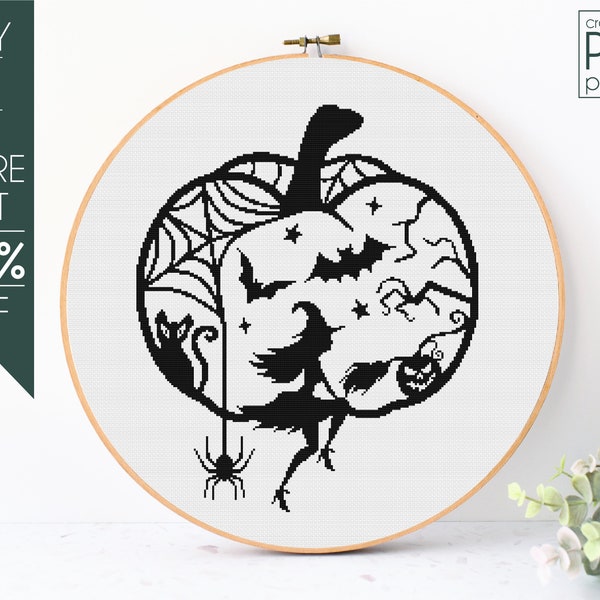 Halloween Cross Stitch Pattern PDF, Pumpkin Embroidery Pattern, Witchy, Black Cat, Bat, Spider, Spooky, Flying Witch, Scary, Fall