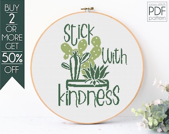 Stick With Kindness Patrón de punto de cruz PDF, Patrón de bordado de cactus, Punto de cruz divertido, Dicho, Silueta, Arte de pared