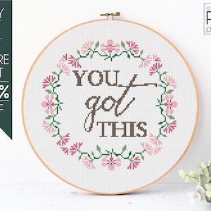 Floral Wreath Cross Stitch Pattern PDF, Flower Embroidery Pattern, You Got This, Motivational Cross Stitch, Inspirational, Mental Health