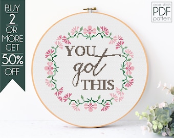 Padrão de ponto cruz de guirlanda floral em PDF, Padrão de bordado de flores, Você conseguiu, Ponto cruz motivacional, Inspirador, Saúde mental