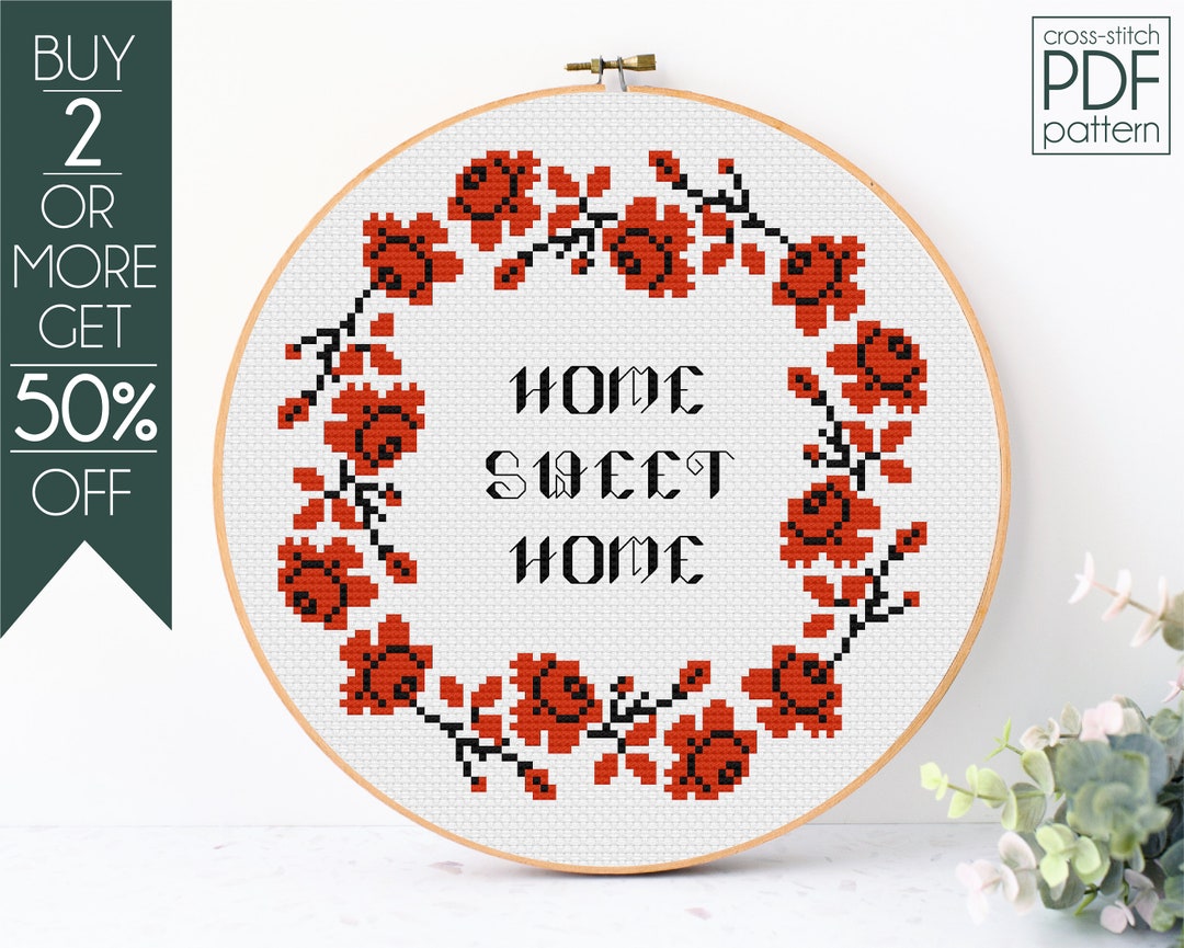 Home Sweet Home Cross Stitch Pattern PDF Floral Wreath Cross - Etsy