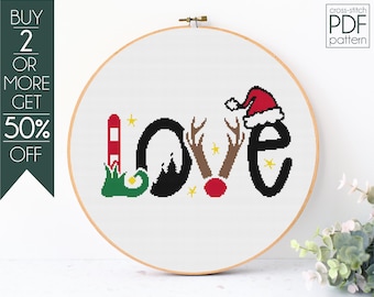 Patrón de punto de cruz "Amor" en PDF, patrón de bordado navideño, patrón de Feliz Navidad, Feliz Año Nuevo, gorro de Papá Noel, reno, pino.