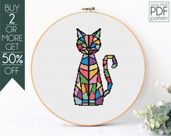 Geometric Cat Cross Stitch Pattern PDF, Cat Embroidery Pattern, Animal Pattern, Cute, Cat Lover