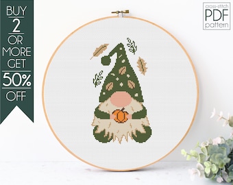 Gnome Cross Stitch Pattern PDF, Thanksgiving Embroidery Pattern, Thanksgiving, Autumn, Fall, Pumpkin, Funny Fall, Leaf