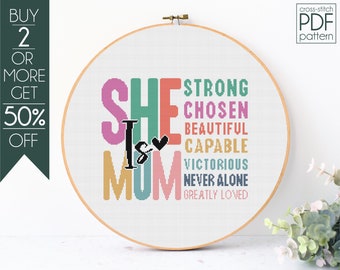 Ella es mamá patrón punto de cruz PDF, patrón de bordado del día de las madres, madre retro, mamá bendita, patrón de vida de mamá, familia, regalo para mamá
