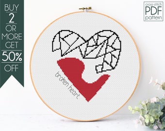 Broken Heart Cross Stitch Pattern PDF, Modern Cross Stitch, Embroidery Pattern, Heart Cross Stitch, Mending Heart, Beginner, Heart Jigsaw