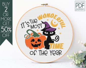 Funny Halloween Cross Stitch Pattern PDF, Pumpkin Embroidery Pattern, Black Cat, Happy Halloween, Scary, Wonderful Time Of The Year,