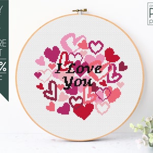 I Love You Cross Stitch Pattern PDF, Valentines Day Embroidery Pattern, Love Heart Cross Stitch, Valentine Sayings