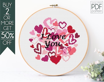 Patrón de punto de cruz "Te amo" en PDF, Patrón de bordado para el Día de San Valentín, Punto de cruz de corazón, Frases de San Valentín