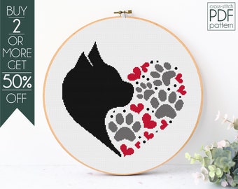 Patrón de punto de cruz de corazón de gato (PDF), patrón de bordado de pata, corazón, pata de gato, mamá gata, amor