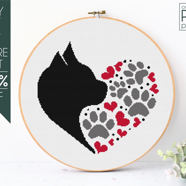 Cat Heart Cross Stitch Pattern PDF, Paw Embroidery Pattern, Heart, Cat Paw, Cat Mom, Love