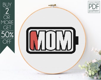 Patrón de punto de cruz de mamá PDF, Patrón de bordado de batería baja, Mamá divertida, Punto de cruz del Día de las Madres, Vida de mamá, Nana, Regalo DIY para mamá