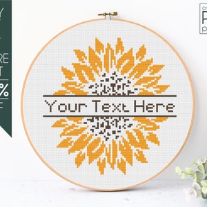 May include: Cross-stitch pattern featuring a sunflower with a brown banner that says "Your Text Here".
