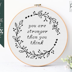 Flower Wreath Cross Stitch Pattern PDF, Flower Embroidery Pattern, You Are Stronger Than You Think, Motivational Cross Stitch, Inspirational