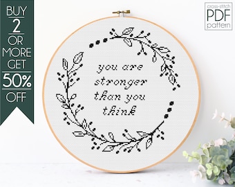 Flower Wreath Cross Stitch Pattern PDF, Flower Embroidery Pattern, You Are Stronger Than You Think, Motivational Cross Stitch, Inspirational