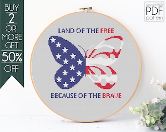 Land Of The Free Cross Stitch Pattern PDF, 4th of July Embroidery Pattern, Patriotic, Independence Day, American Flag, USA, Butterfly