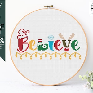 Believe Cross Stitch Pattern PDF, Modern Cross Stitch, Christmas Pattern,Embroidery Pattern, Santa Hat, Reindeer, Snowflake, Beginner