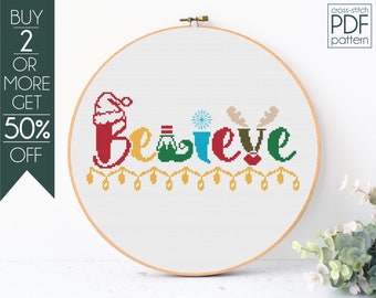 Patrón de punto de cruz «Believe» en PDF, punto de cruz moderno, patrón navideño, patrón de bordado, gorro de Papá Noel, reno, copo de nieve, para principiantes