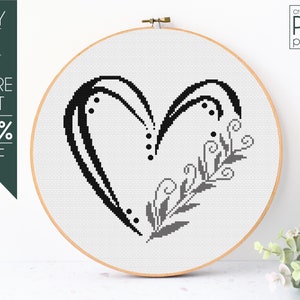 Padrão de ponto cruz de coração floral em PDF, ponto cruz de coração de dia dos namorados, coração, floral, dia dos namorados, amor, padrão de bordado, iniciante