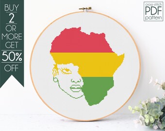 Afro Girl Map Cross Stitch Pattern PDF, Black History Embroidery Pattern, Juneteenth, Black Woman, Black History, Africa, Afro Girl , Map