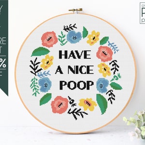 Funny Cross Stitch Pattern PDF, Flower Wreath Counted Embroidery Pattern, Have A Nice Poop, Easy Floral Cross Stitch Wreath, Flowers