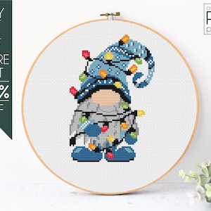 Christmas Lights Cross Stitch Pattern PDF, Gnome Christmas Cross Stitch, Gnome Pattern, Christmas Lights, Embroidery Pattern, Beginner