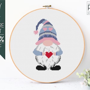 Valentines Gnome Cross Stitch Pattern PDF, Gnome Cross Stitch, Valentine Gnome, Valentines Day, Love, Heart, Embroidery Pattern, Beginner