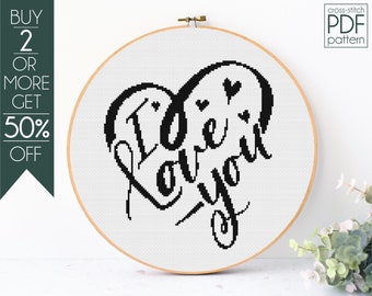 Patrón de punto de cruz "Te amo" en PDF, Patrón de bordado para el Día de San Valentín, Punto de cruz de corazón, Frases de San Valentín