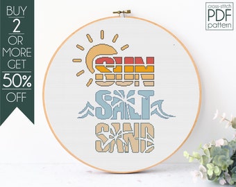 Patrón de punto de cruz de arena y sal de sol PDF, Patrón de bordado de verano, Patrón de verano divertido, Vacaciones, Vibraciones de verano