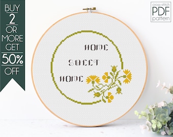 Home Sweet Home Cross Stitch Pattern PDF, Floral Wreath Cross Stitch, Flowers, Modern Cross Stitch, Embroidery Pattern, Beginner