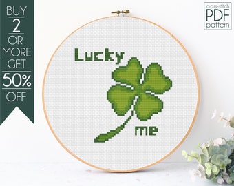 Clover Cross Stitch Pattern PDF, Lucky Me, St Patricks Day, 4 Leaf Shamrock, Flowers, Modern Cross Stitch, Embroidery Pattern, Beginner