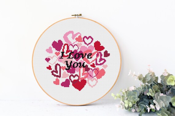 I Love You Cross Stitch Pattern PDF, Valentines Day Embroidery