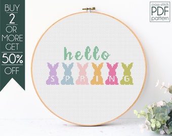 Hello Spring Cross Stitch Pattern PDF, Bunny Embroidery Pattern, Happy Easter, Cute Bunny Pattern, Easter, Spring, Nursery, Bunny