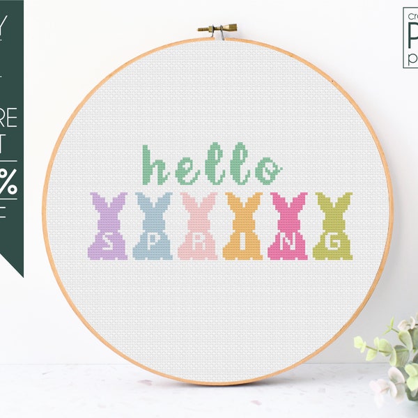 Hello Spring Cross Stitch Pattern PDF, Bunny Embroidery Pattern, Happy Easter, Cute Bunny Pattern, Easter, Spring, Nursery, Bunny