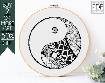 Patrón de punto de cruz Yin Yang PDF, Patrón de bordado Yin Yang, Punto de cruz contado en blanco y negro, Ornación de pared PDF Descargar