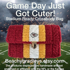 May include: A red, yellow, and white stadium-ready crossbody bag with a gold clasp. The bag features the text "Game Day Just Got Cuter!" and "Beachybradleys.etsy.com". The bag is handmade and not affiliated with the NFL or the Kansas City Chiefs.