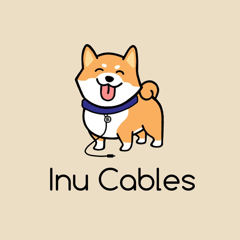 Puede incluir: Un perro Shiba Inu de dibujos animados con un collar azul y un cable conectado. El perro sonr&iacute;e y saca la lengua. El texto "Inu Cables" est&aacute; debajo del perro.